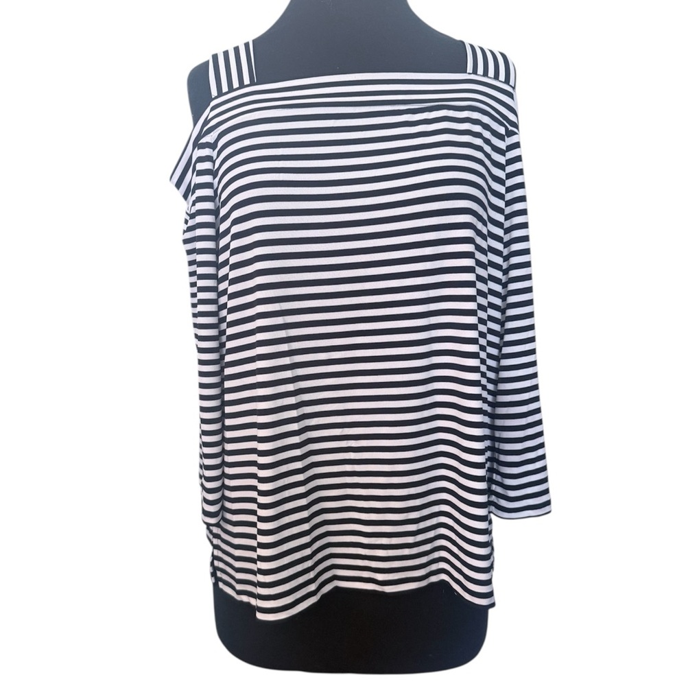 Chico's Blue and White Asymmetrical 3/4 Sleeve Blouse